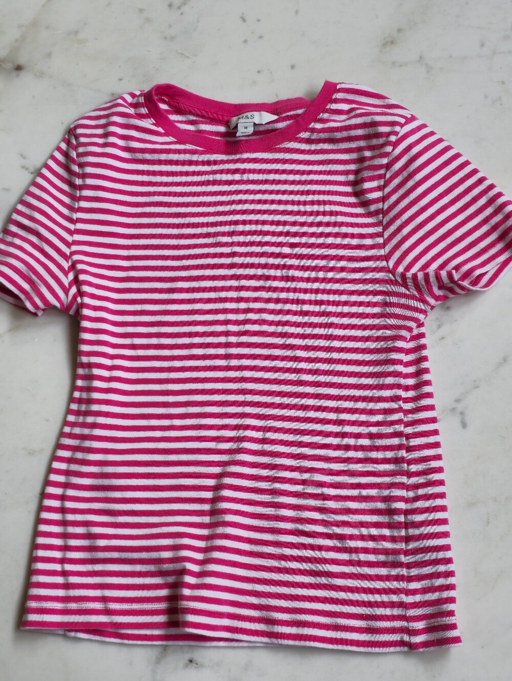 M & S Pink and white Striped Short Sleeve Tee Size 10.
